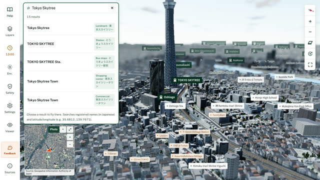 Search and fly there in the 3D map